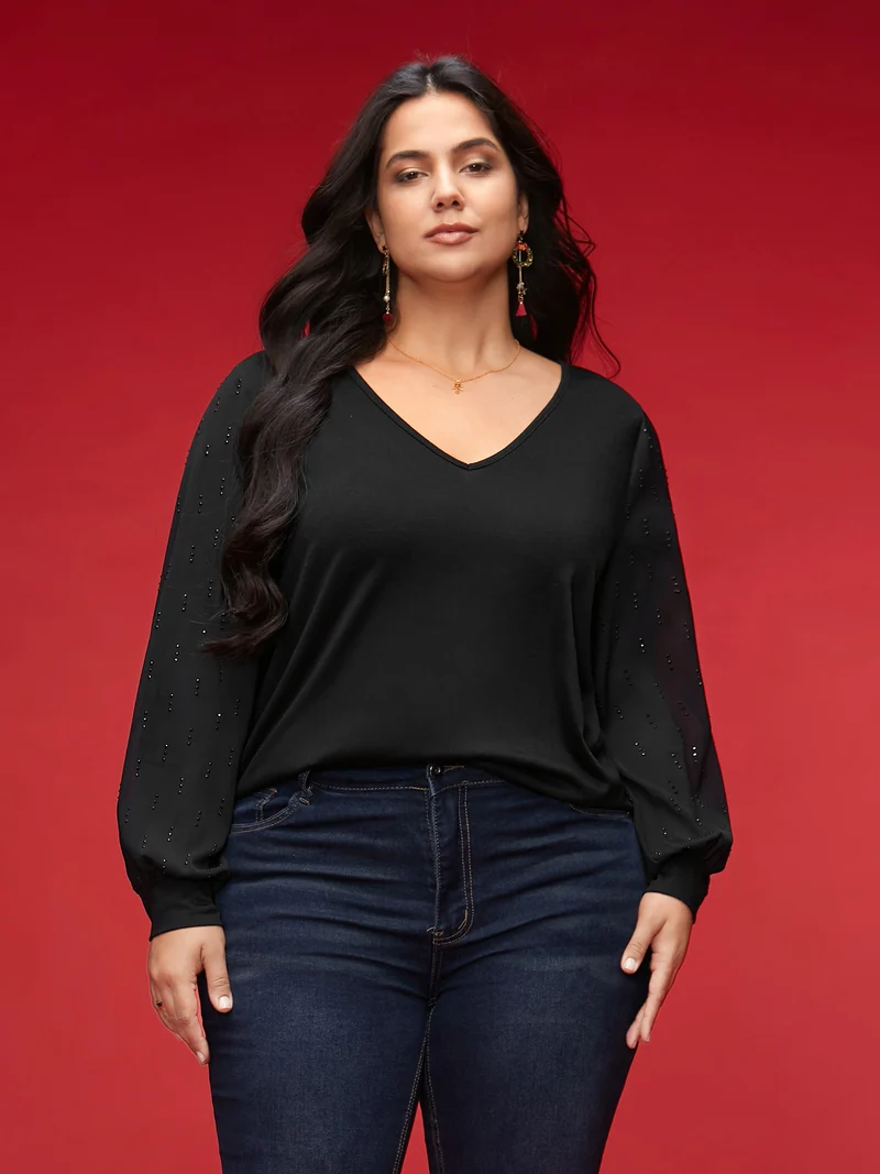 Rhinestone Embellished Lantern Sleeves Tee