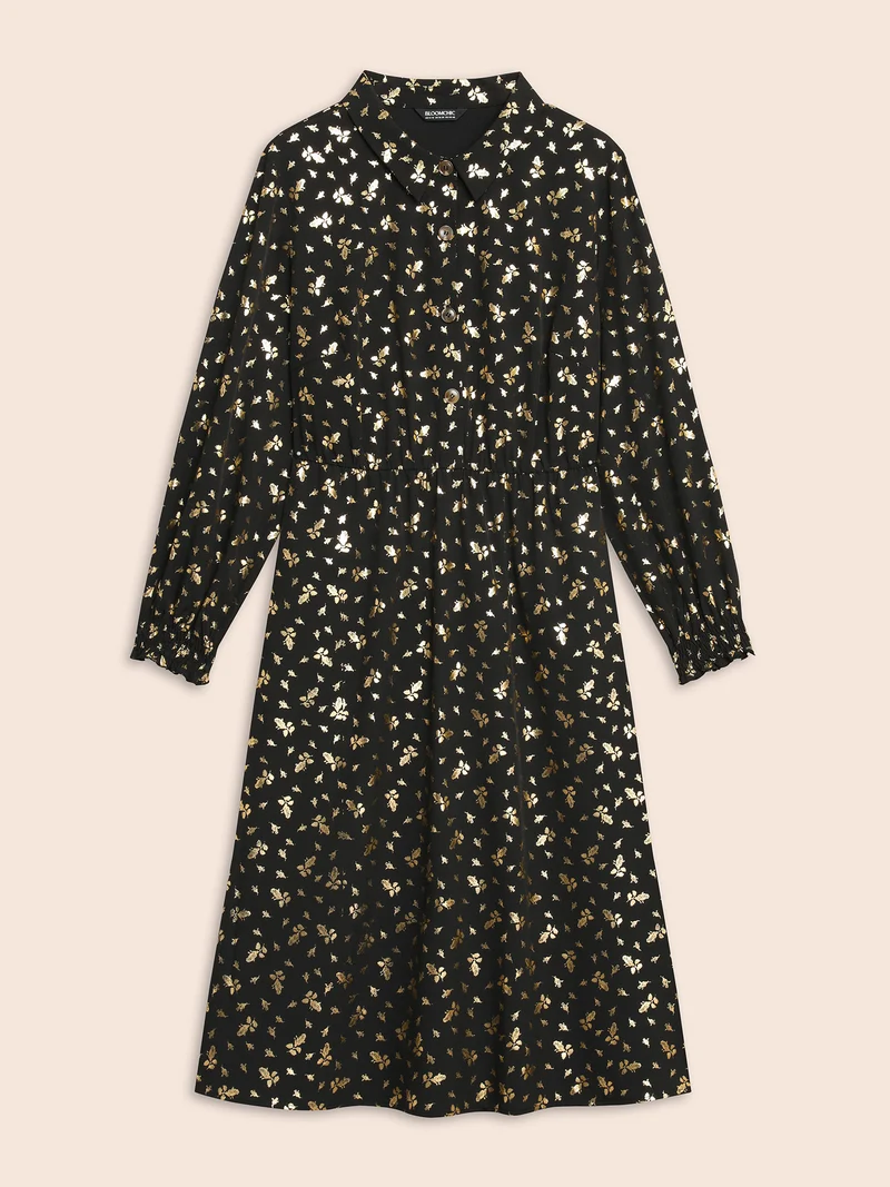 Glitter Floral Frill Trim Shirred Dress