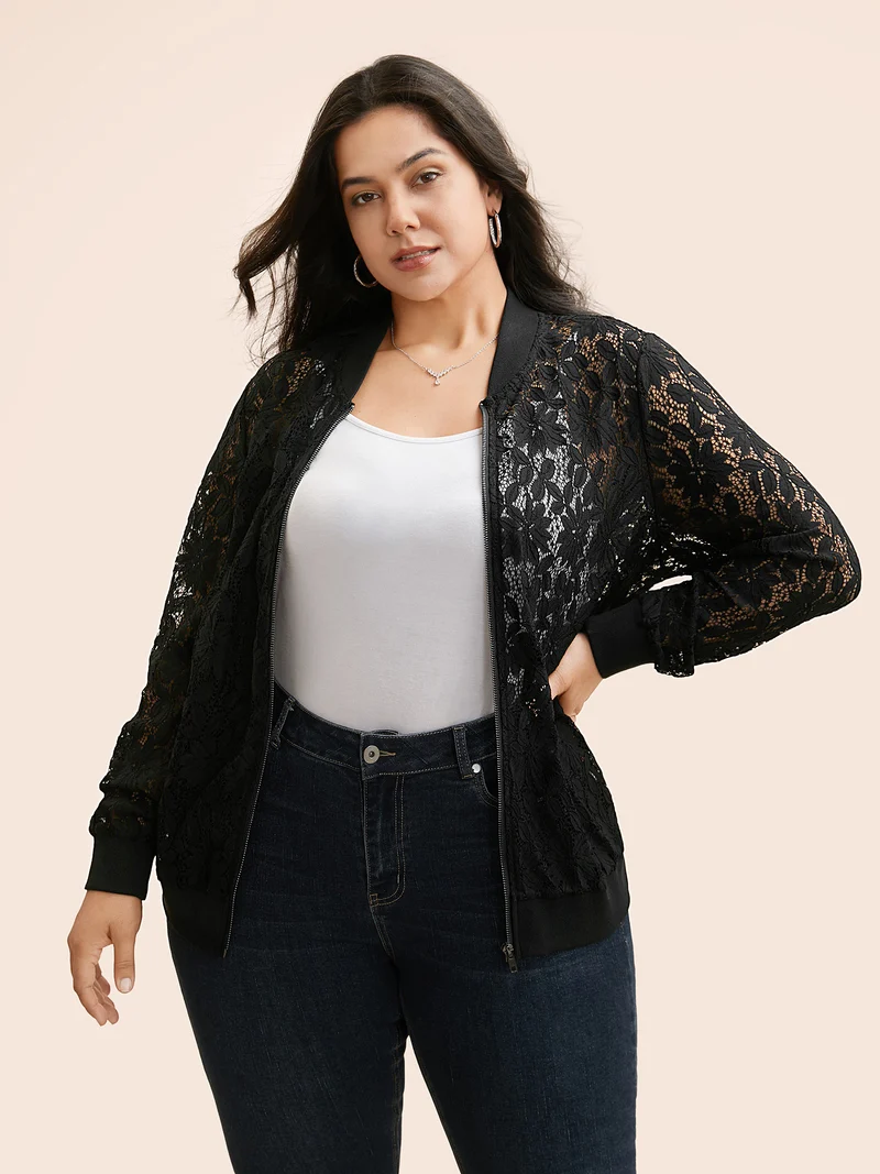 Lace Panel Zipper See Through Jacket