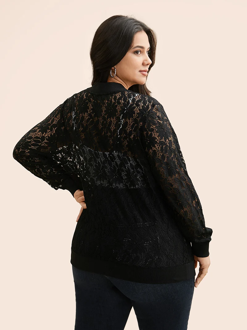 Lace Panel Zipper See Through Jacket