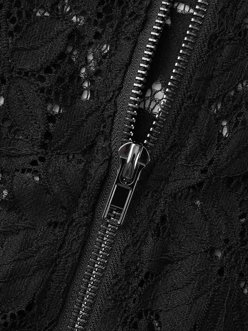 Lace Panel Zipper See Through Jacket