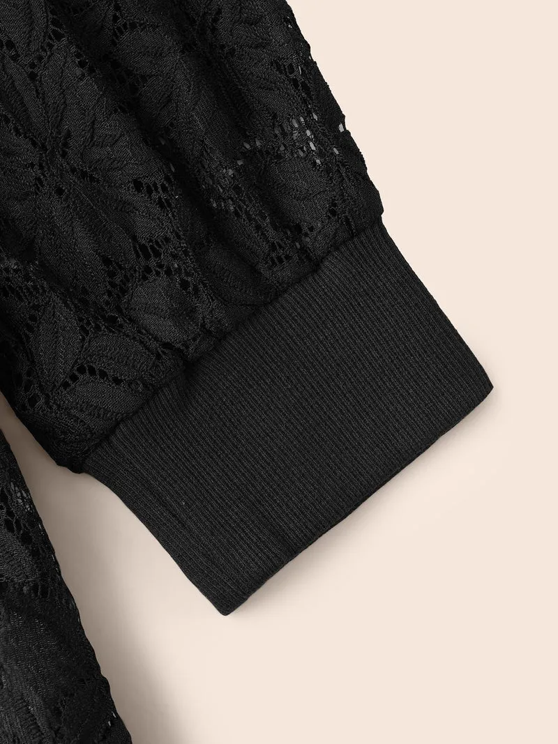 Lace Panel Zipper See Through Jacket