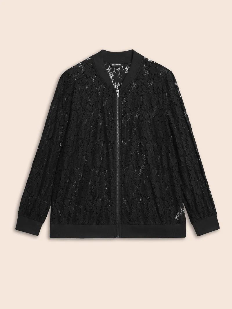 Lace Panel Zipper See Through Jacket
