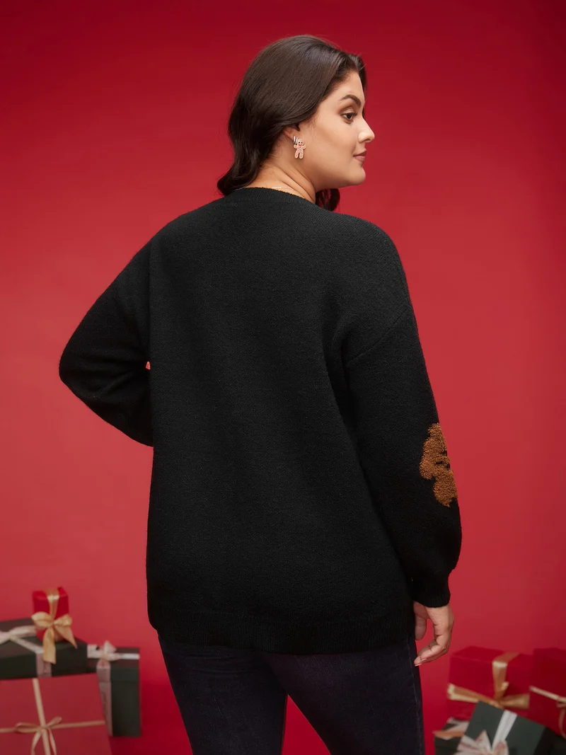Bear Motifs Jacquard Puffy Sleeves Pullover