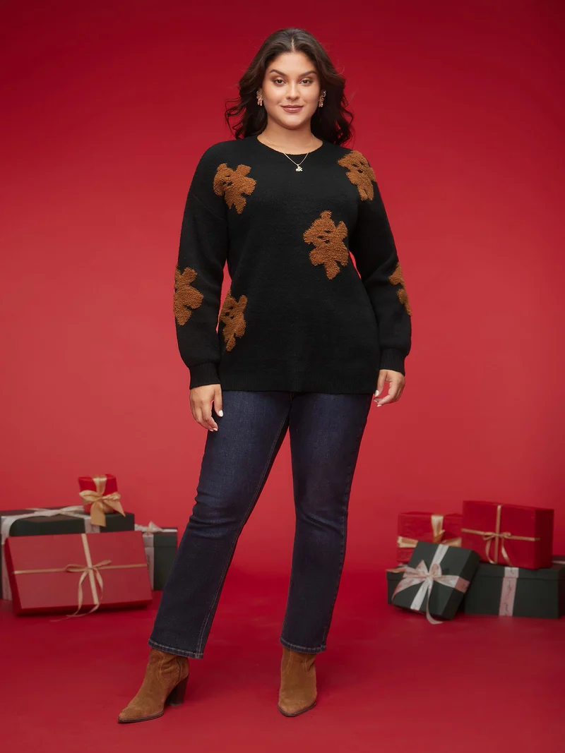 Bear Motifs Jacquard Puffy Sleeves Pullover