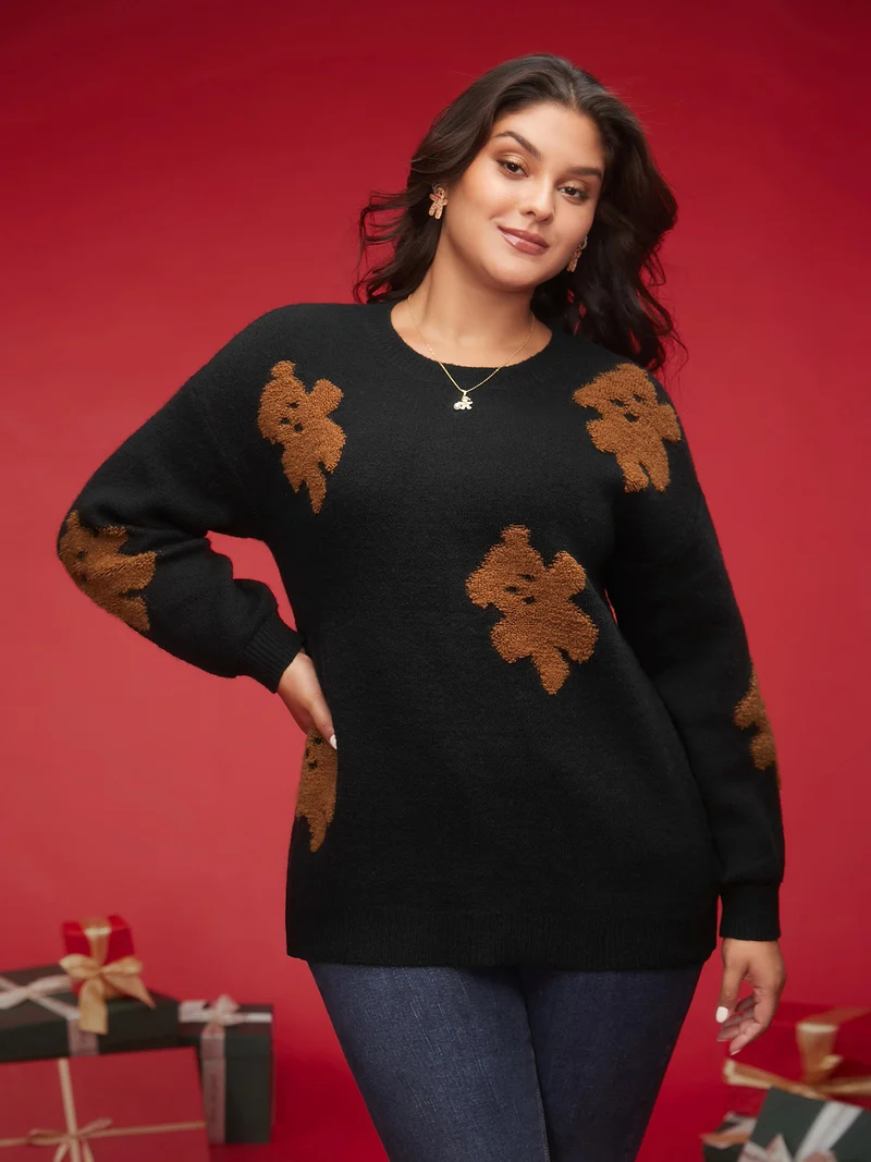 Bear Motifs Jacquard Puffy Sleeves Pullover