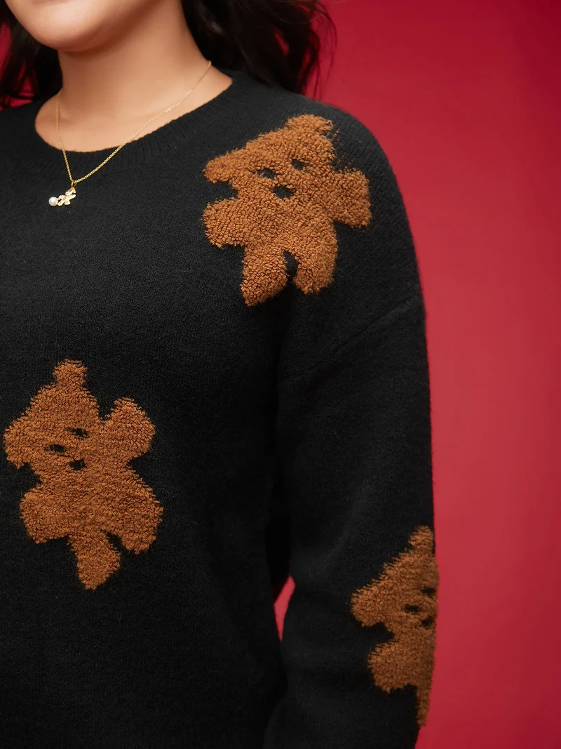Bear Motifs Jacquard Puffy Sleeves Pullover