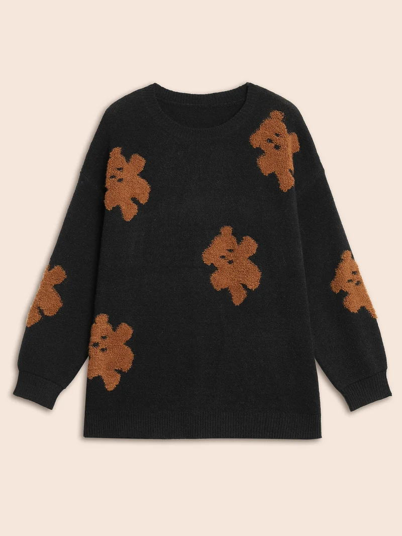 Bear Motifs Jacquard Puffy Sleeves Pullover