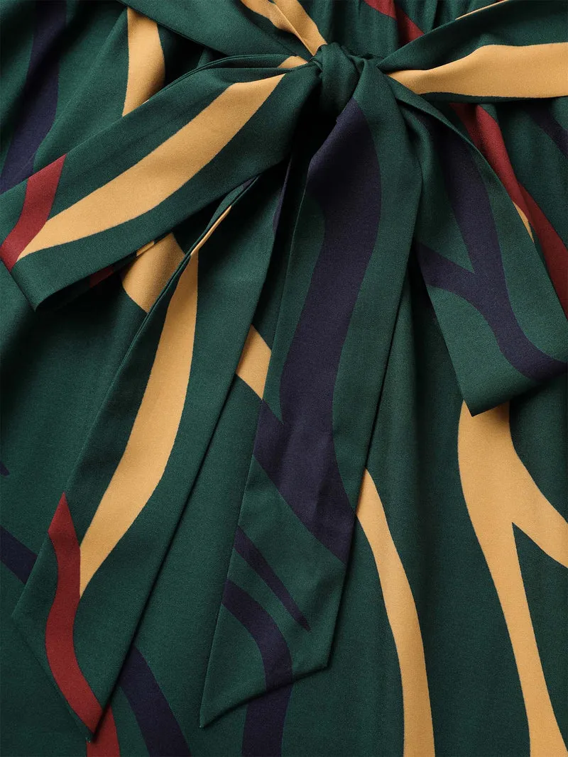 Notched Geometric Belted Midi Dress
