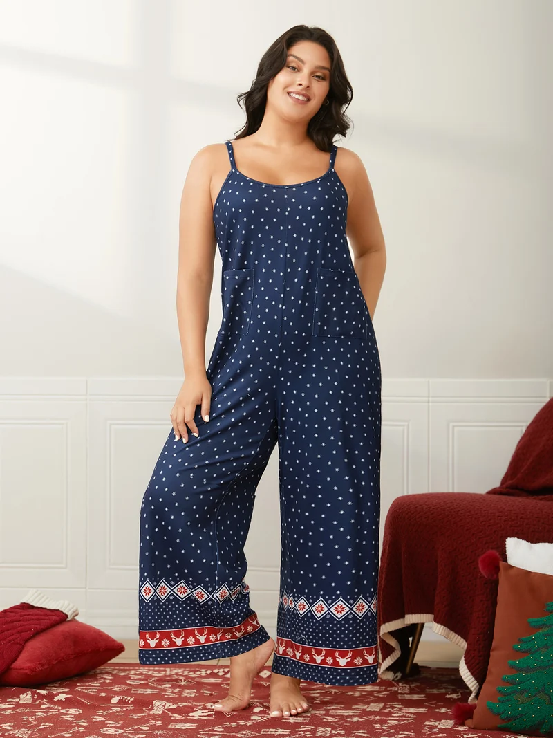 Deer-Flake Printed Straight Leg Jumpsuit