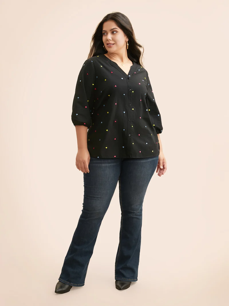 Heart Embroidered Notched Collar Gathered Shirt