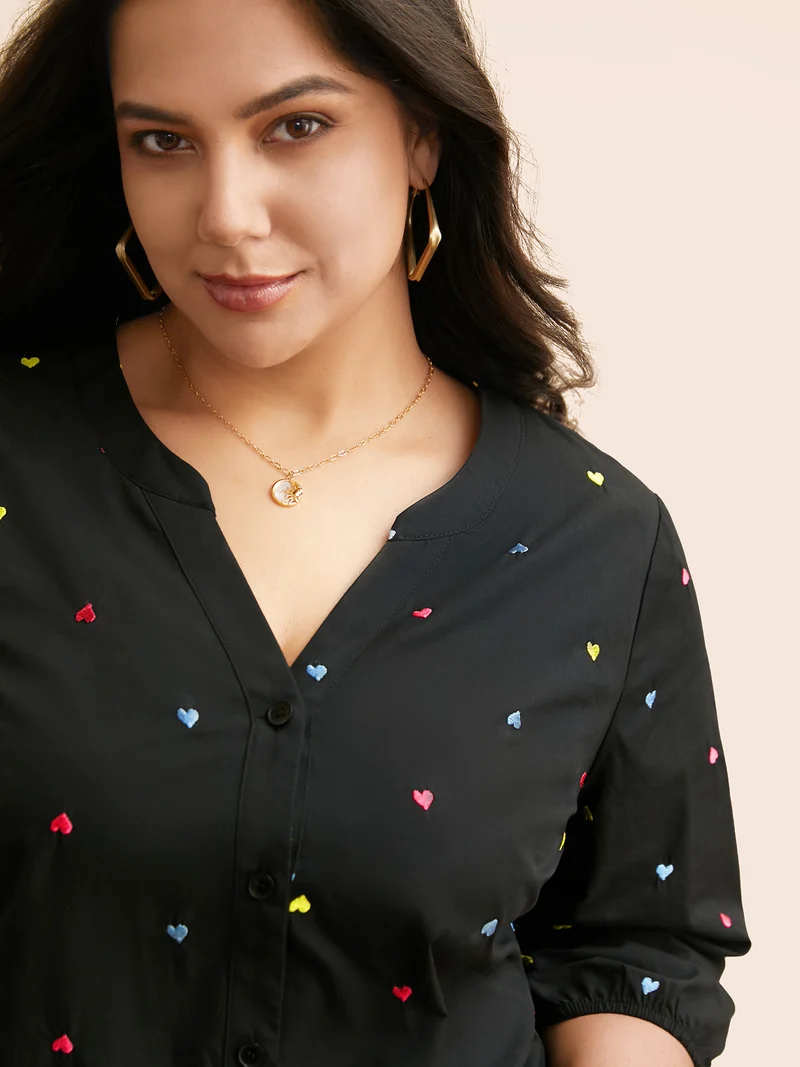 Heart Embroidered Notched Collar Gathered Shirt