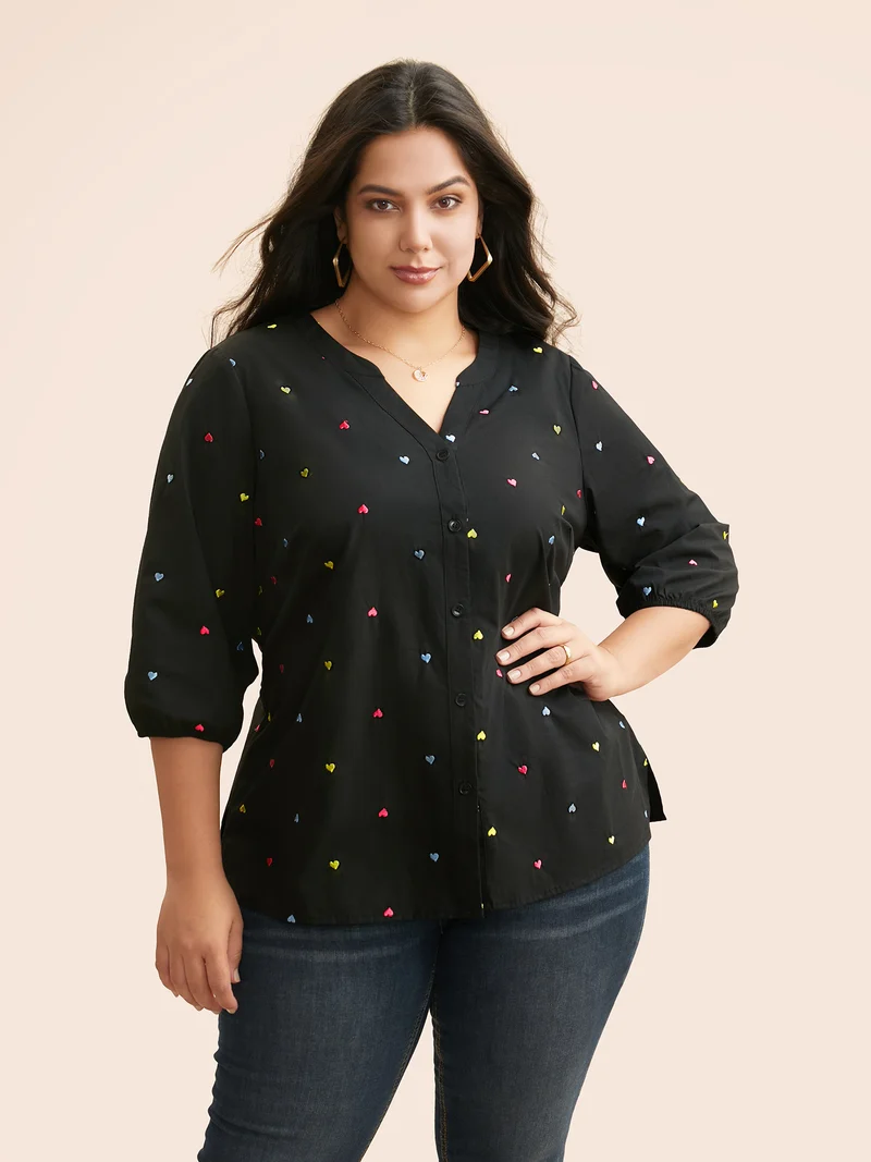 Heart Embroidered Notched Collar Gathered Shirt