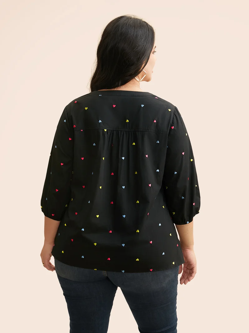 Heart Embroidered Notched Collar Gathered Shirt