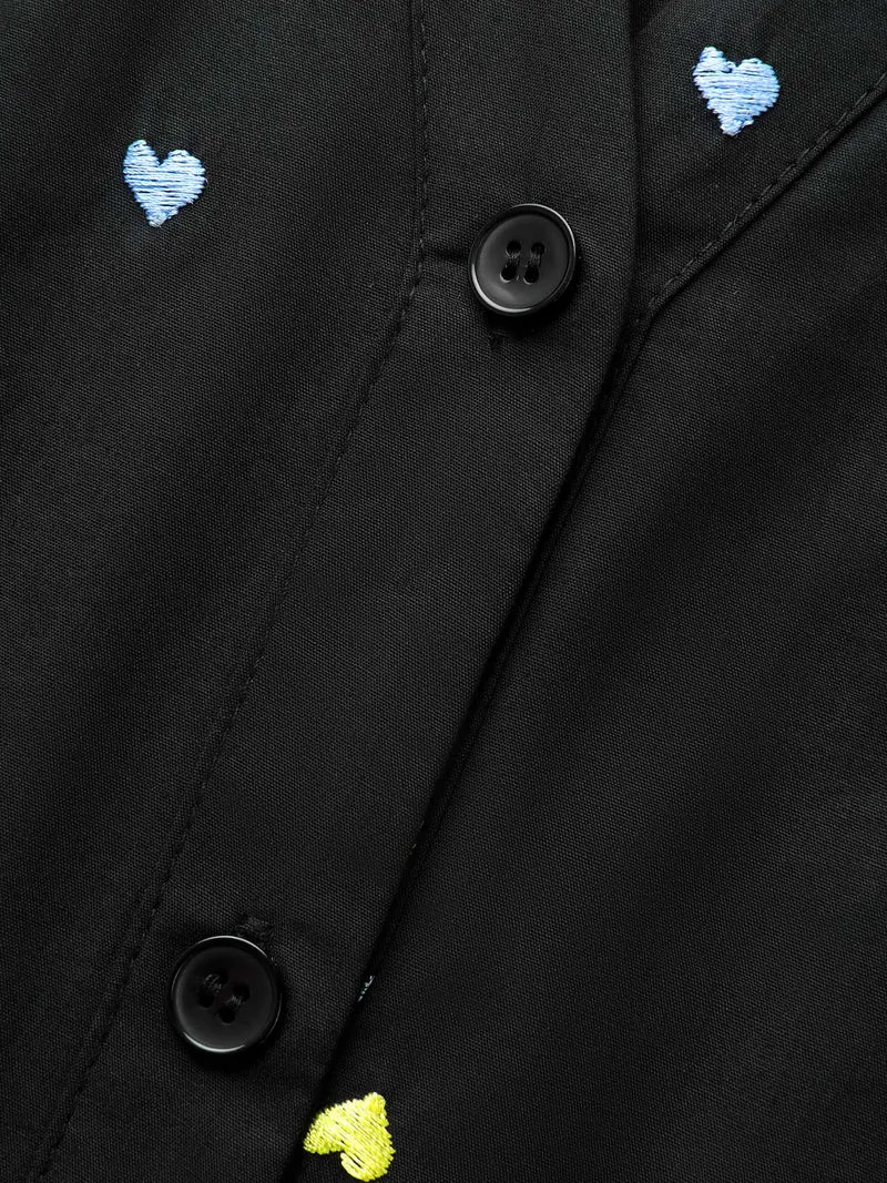 Heart Embroidered Notched Collar Gathered Shirt