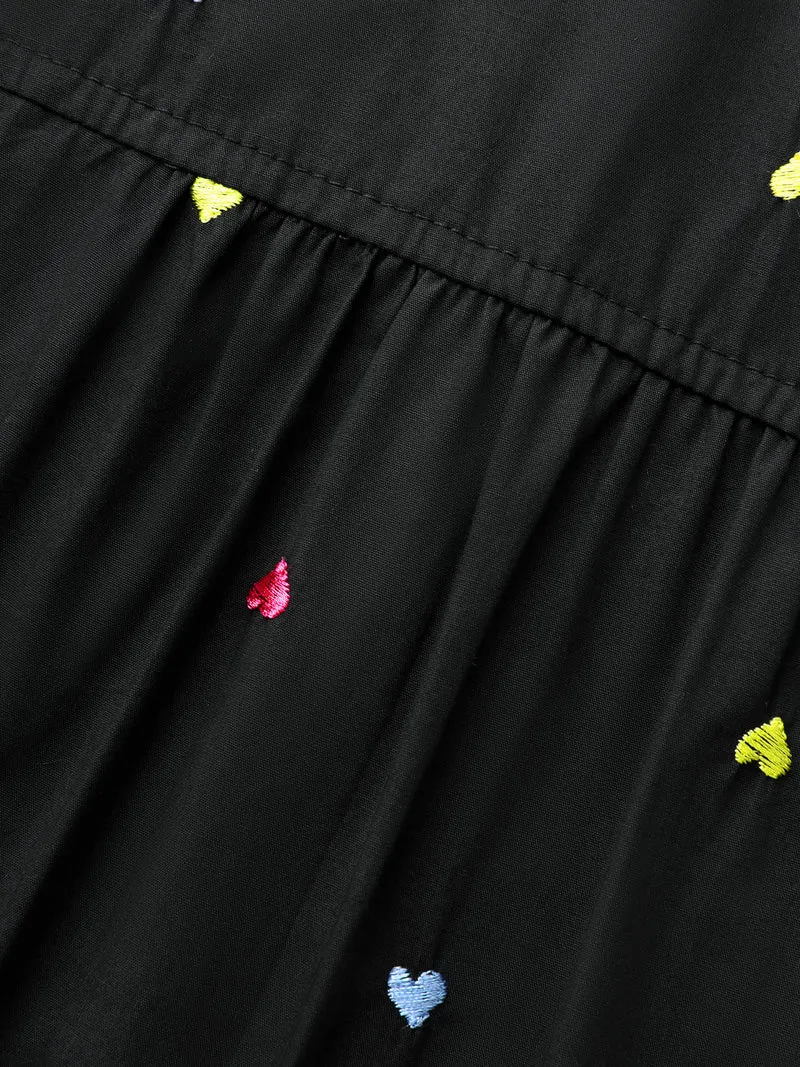 Heart Embroidered Notched Collar Gathered Shirt
