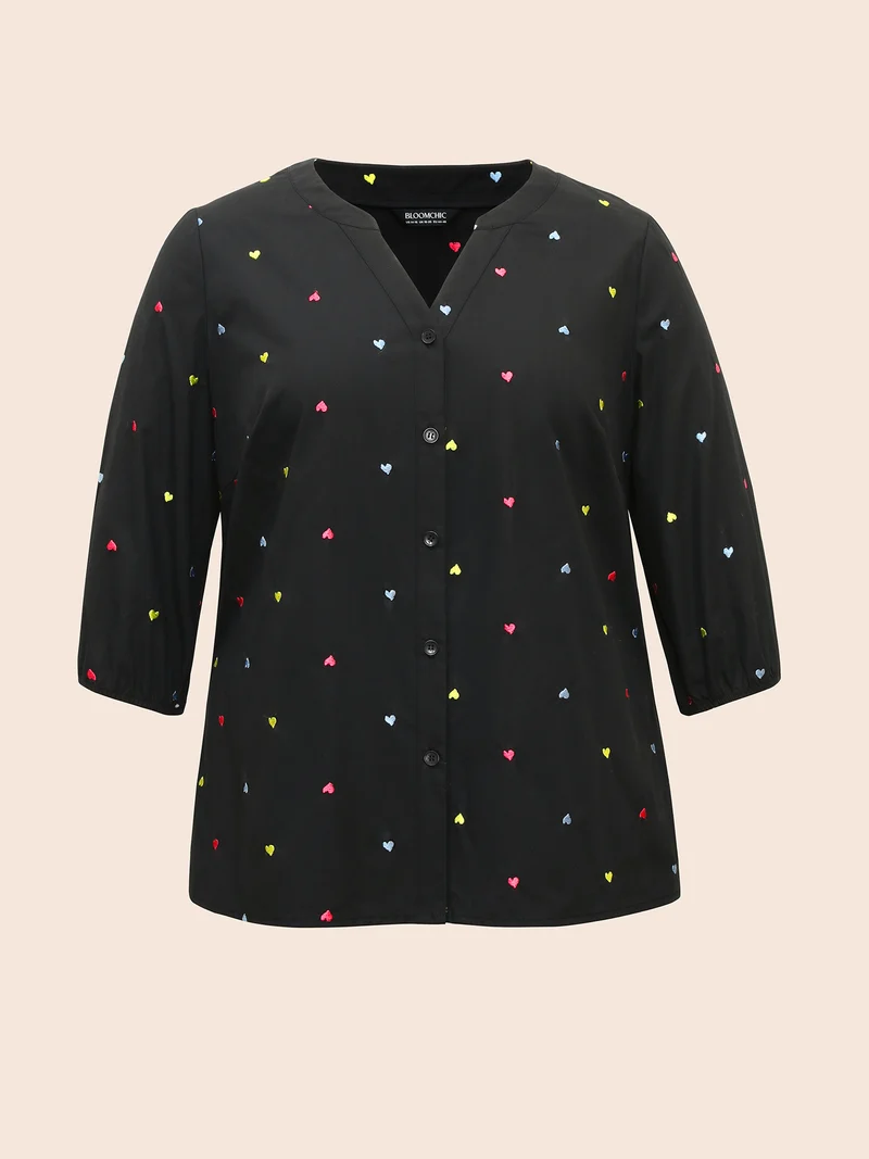 Heart Embroidered Notched Collar Gathered Shirt