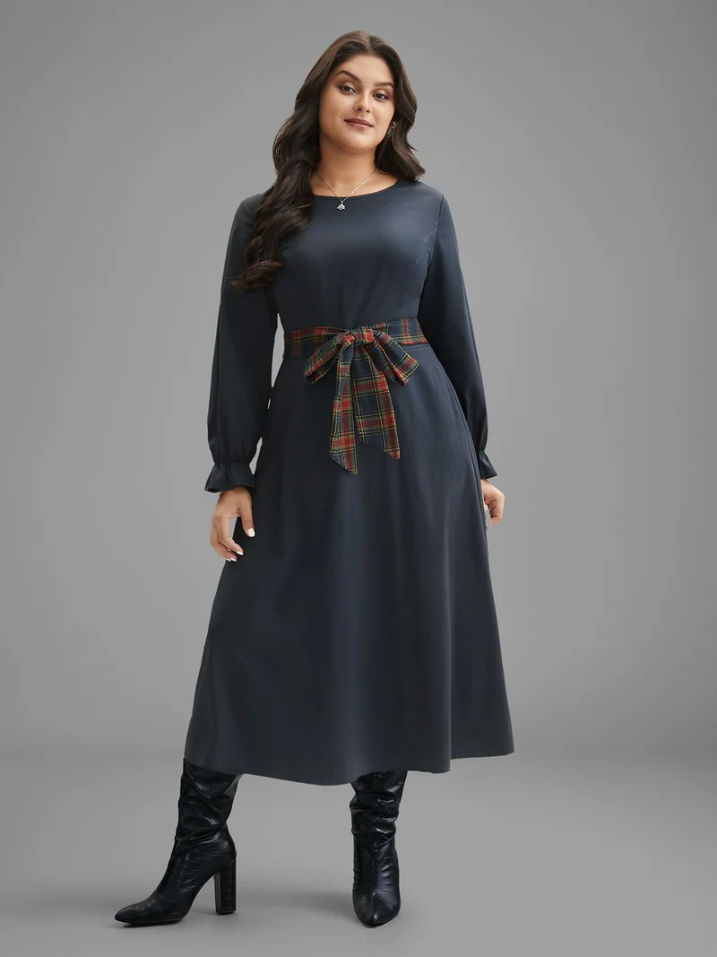 Festive Plaid Tie Knot Ruched Midi Dress