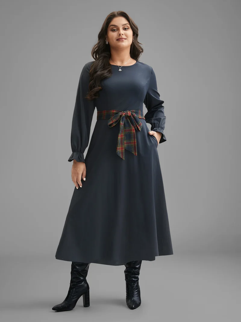 Festive Plaid Tie Knot Ruched Midi Dress