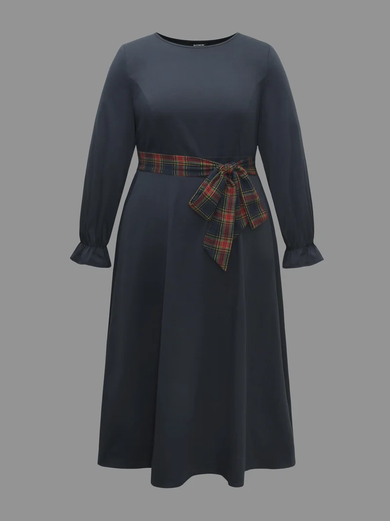 Festive Plaid Tie Knot Ruched Midi Dress