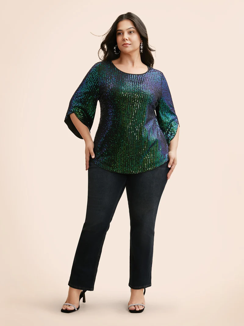 Round Neck Sequin Bell Sleeve Blouse