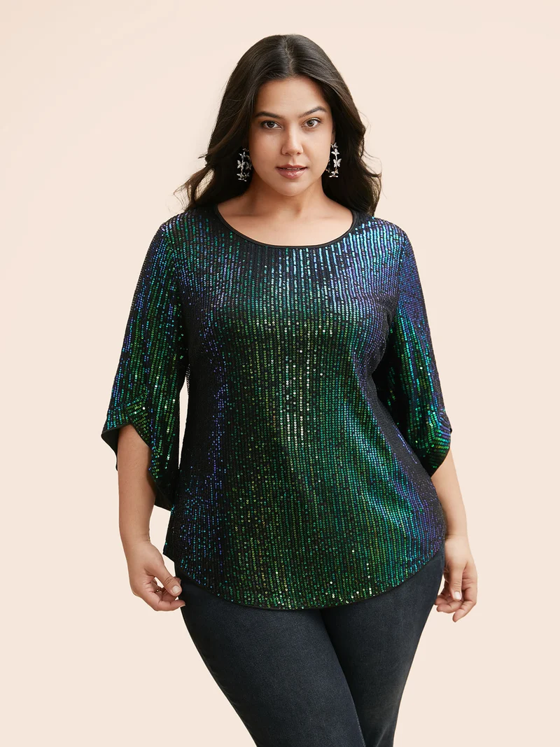 Round Neck Sequin Bell Sleeve Blouse