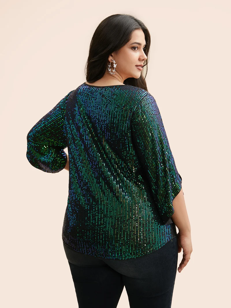 Round Neck Sequin Bell Sleeve Blouse