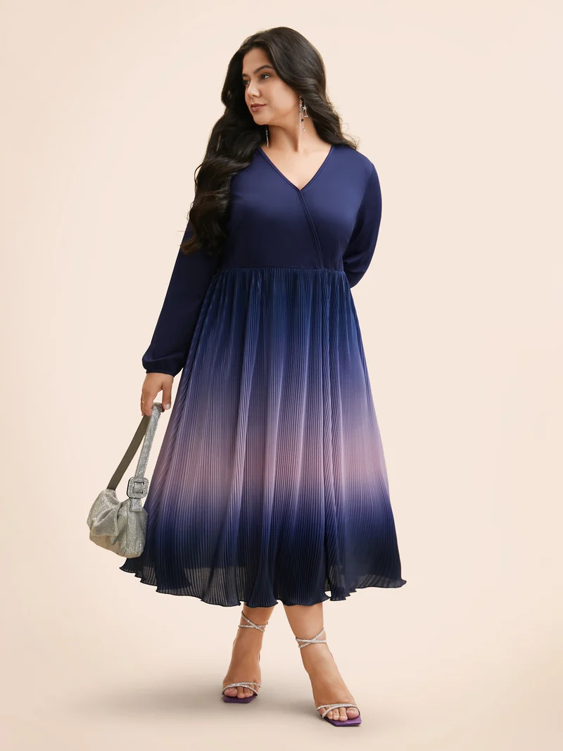 Overlap Collar Ombre Patchwork Pleated Dress