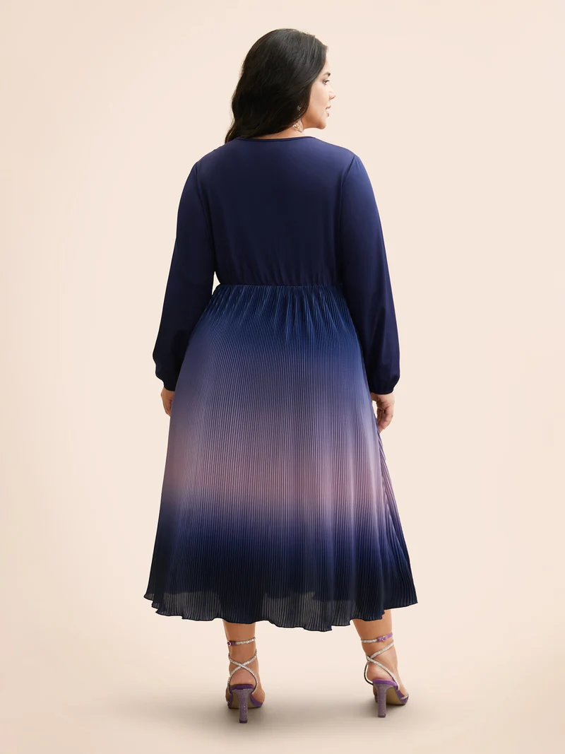 Overlap Collar Ombre Patchwork Pleated Dress