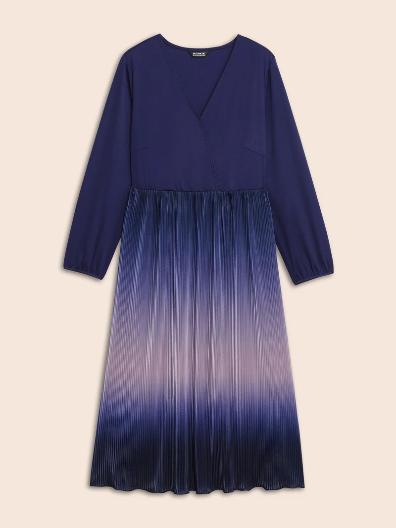 Overlap Collar Ombre Patchwork Pleated Dress