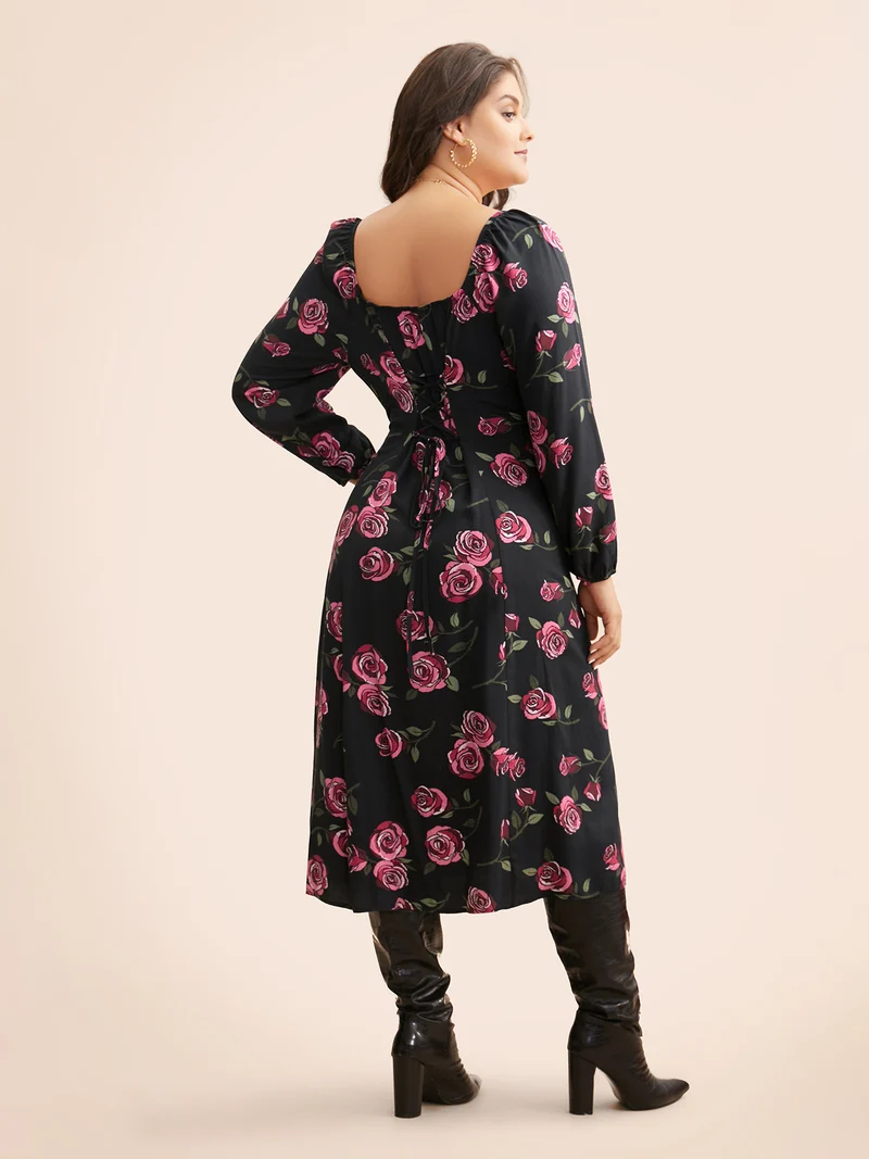 Floral Heart Neckline Cross Straps Dress