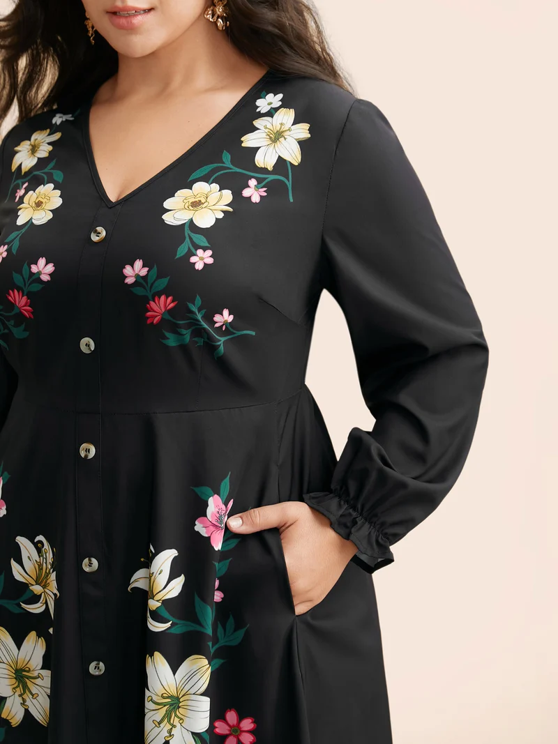 V Neck Floral Button Detail Dress