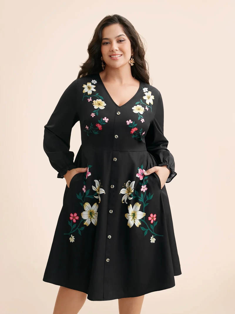 V Neck Floral Button Detail Dress