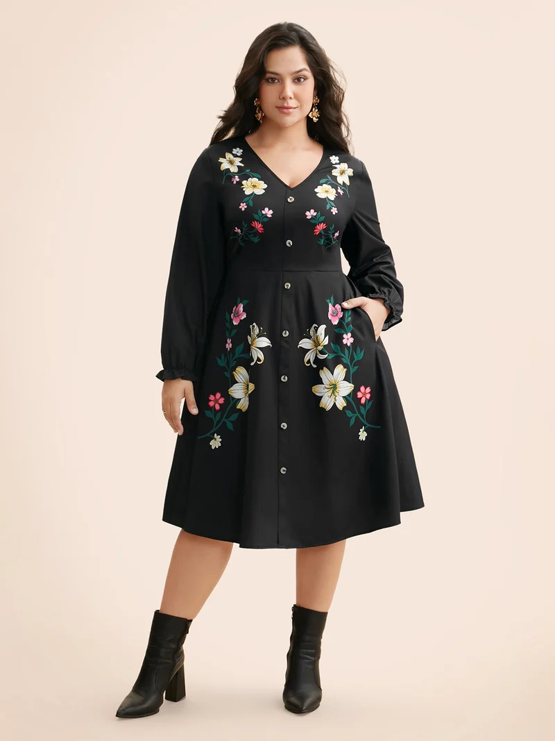 V Neck Floral Button Detail Dress