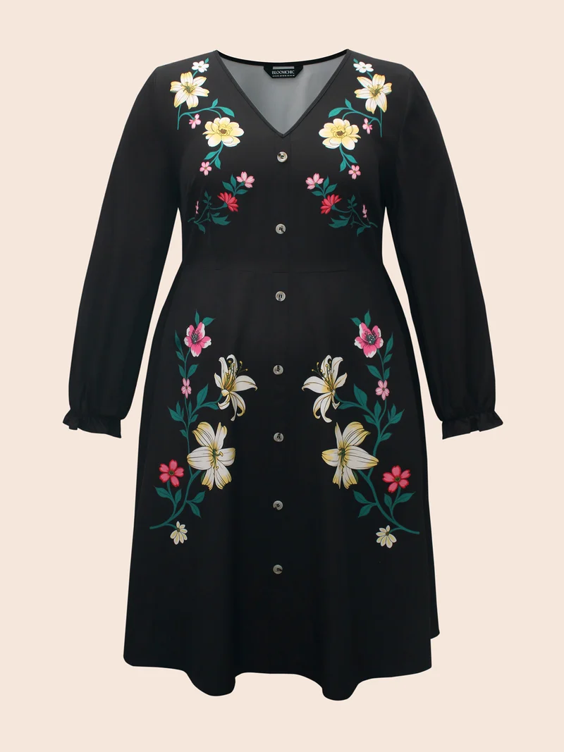 V Neck Floral Button Detail Dress