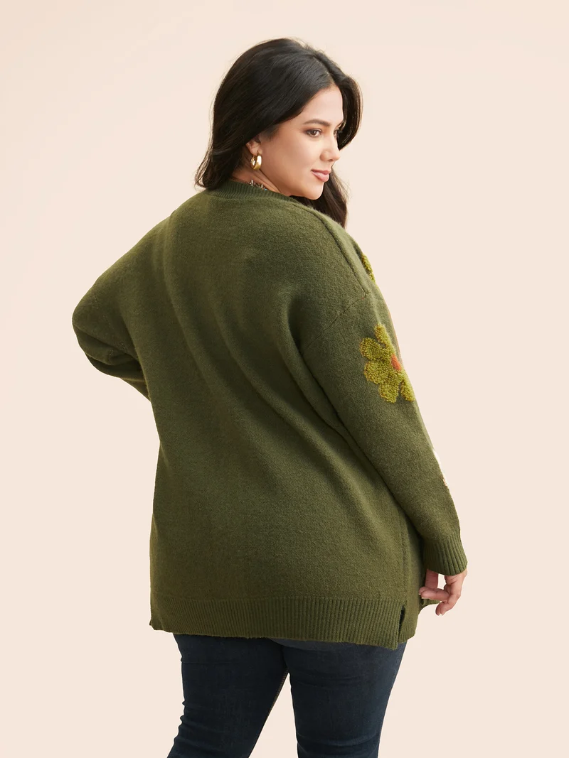 Floral Texture Slit Hem Patch Pocket Cardigan