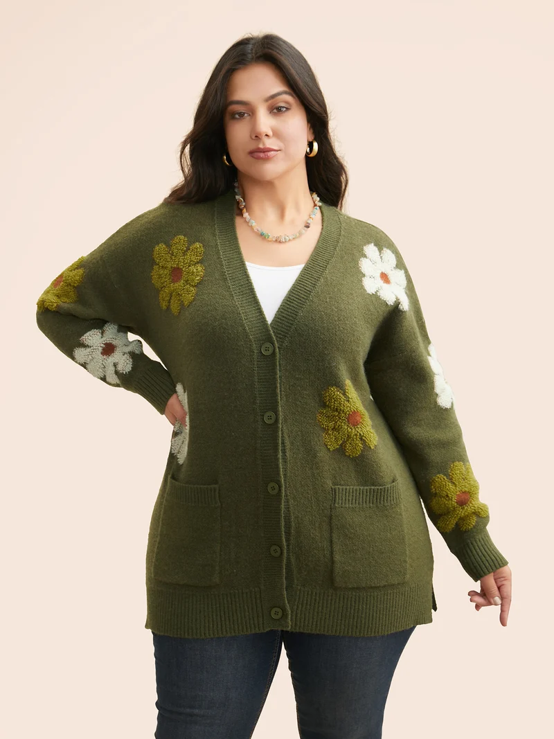 Floral Texture Slit Hem Patch Pocket Cardigan