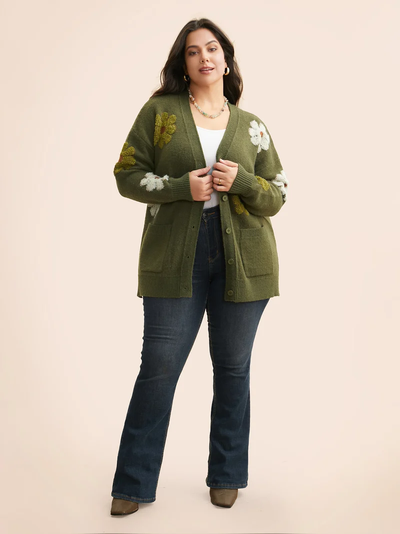 Floral Texture Slit Hem Patch Pocket Cardigan