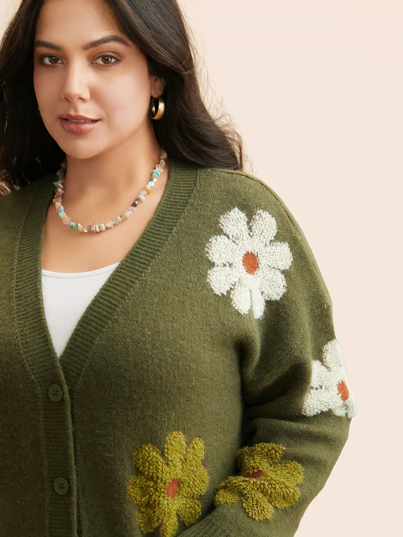 Floral Texture Slit Hem Patch Pocket Cardigan