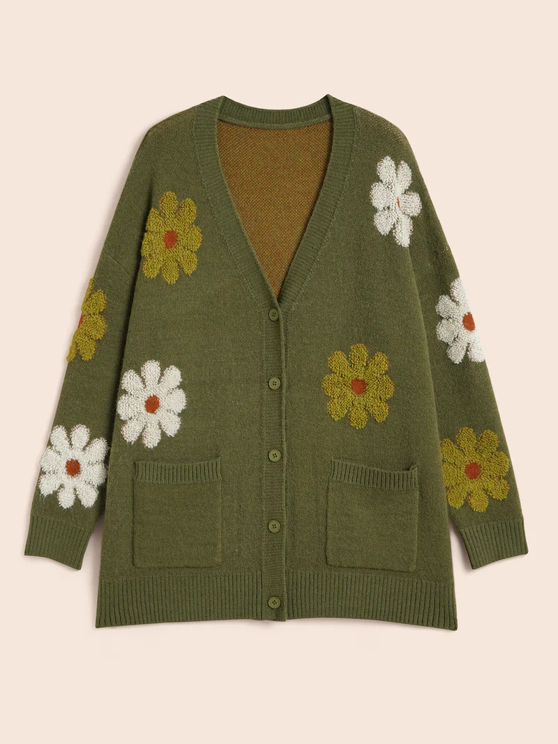 Floral Texture Slit Hem Patch Pocket Cardigan