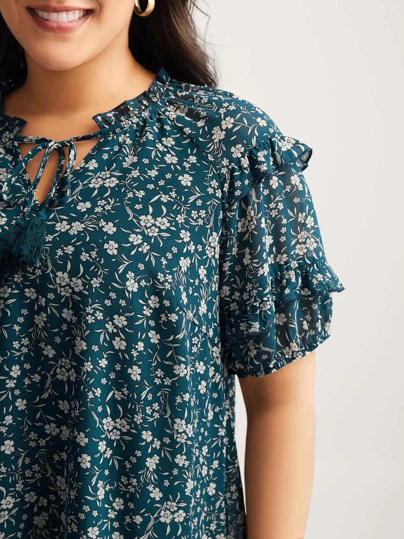 Delicate Florals Ruffled Tiered Sleeve Blouse
