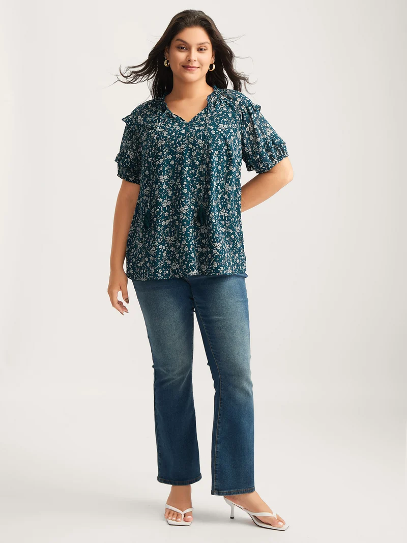 Delicate Florals Ruffled Tiered Sleeve Blouse
