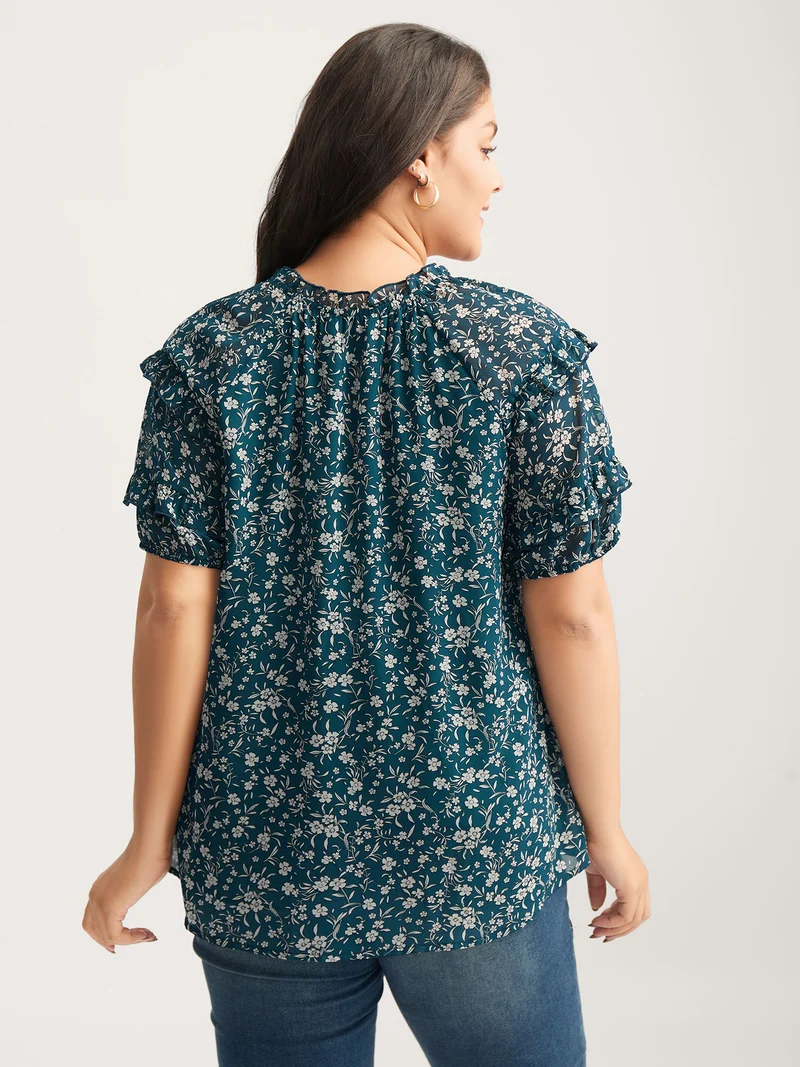 Delicate Florals Ruffled Tiered Sleeve Blouse