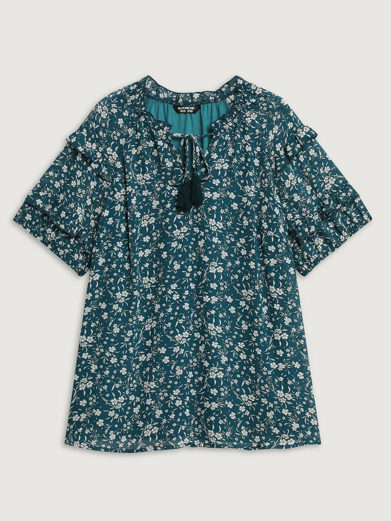 Delicate Florals Ruffled Tiered Sleeve Blouse