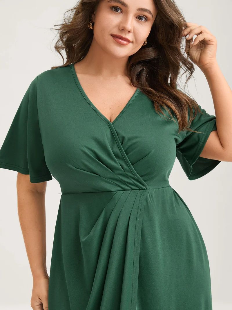 Wrap Gathered Solid Surplice Midi Dress