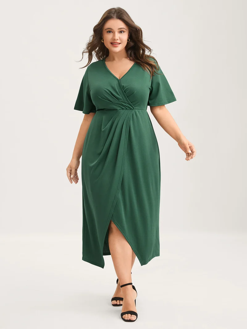 Wrap Gathered Solid Surplice Midi Dress