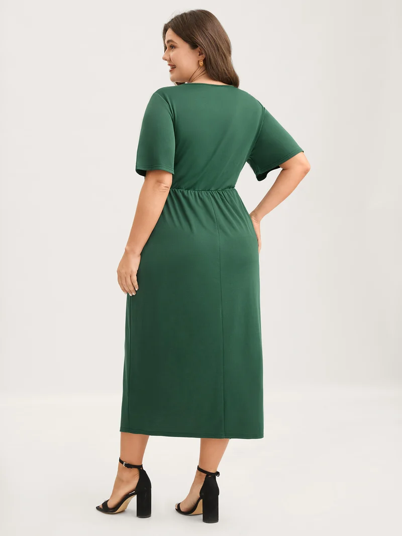 Wrap Gathered Solid Surplice Midi Dress