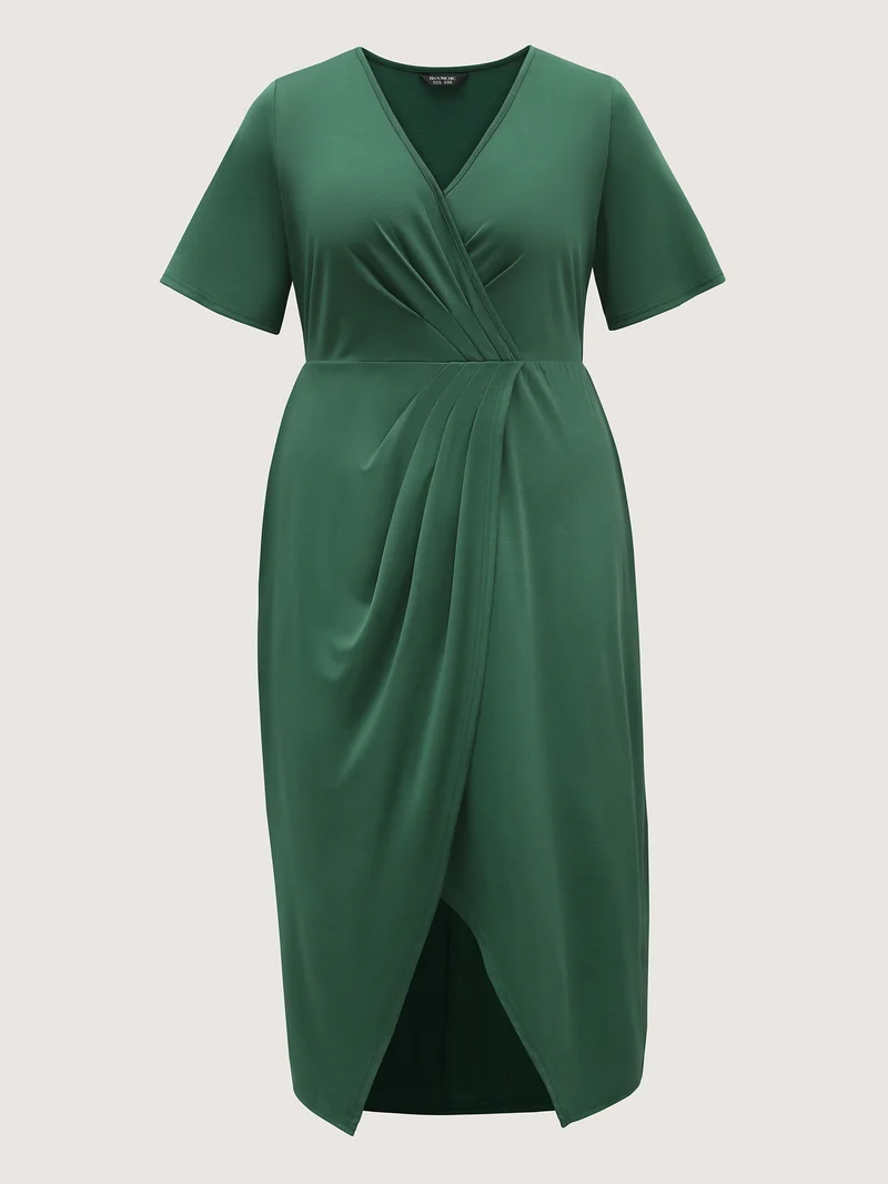 Wrap Gathered Solid Surplice Midi Dress