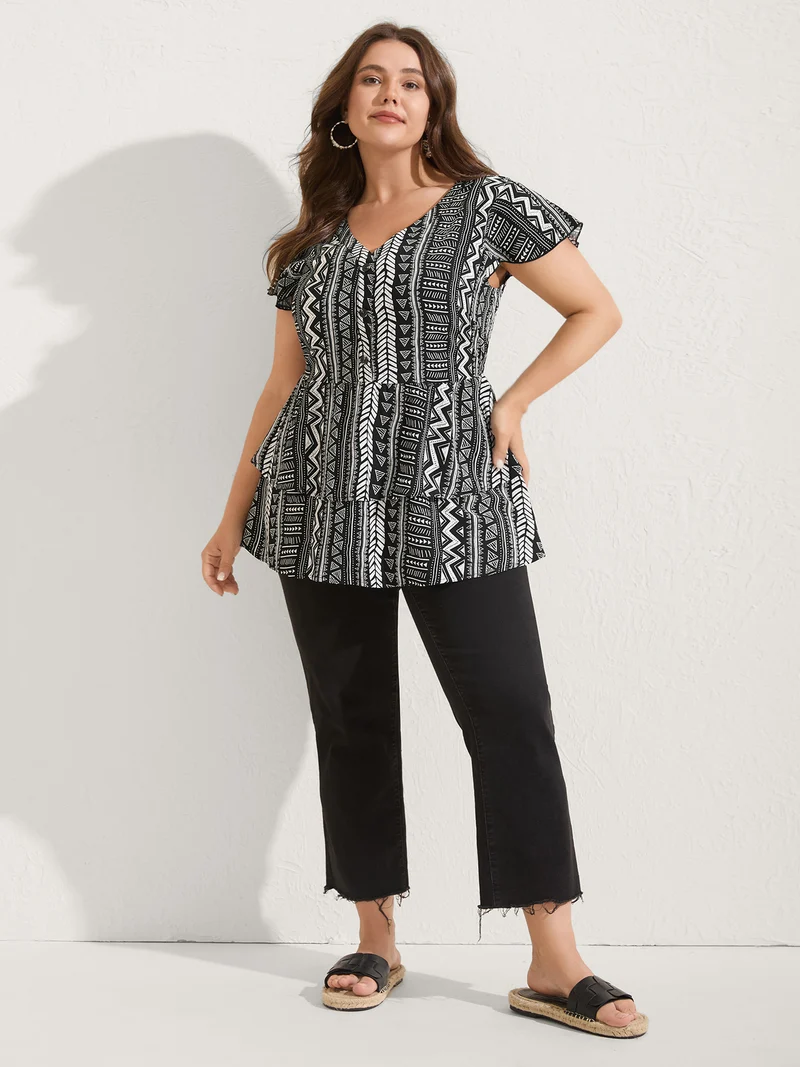 Geometric Print Button Layered Blouse