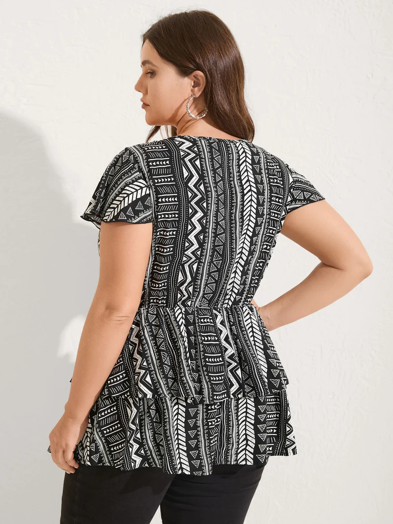 Geometric Print Button Layered Blouse